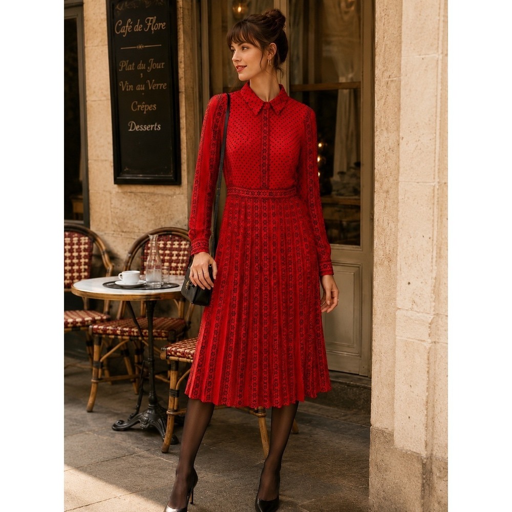 Boden Red Polka Dot Pleated Shirt Dress Long Sleeve Midi US 2R NEW Parisian Chic